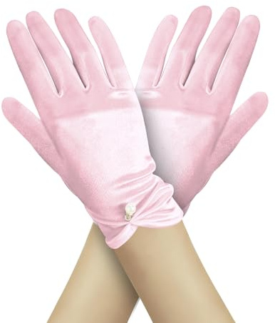 LuckyOpt Guanti corti in raso da donna, guanti elastici da sposa con pedante di perle, guanti da sposa da donna per matrimoni, opera, cene, feste