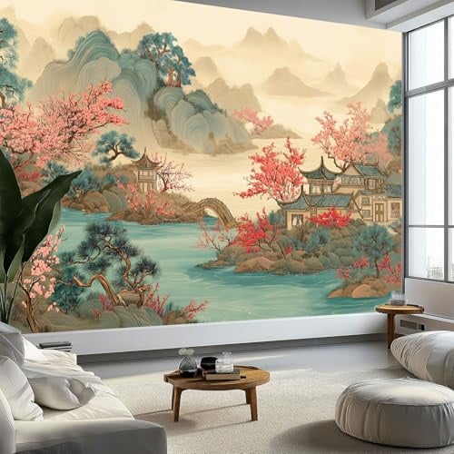 Générique Papier Peint Panoramique 3D, Intissé Photo Mural Peinture chinoise Pavillon Poster pour Salon Chambre Mur de fond Chambre des Enfants Bureau Beige Décoration de Maison 350 x 256 CM