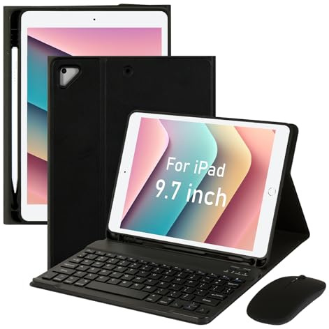 Funda para iPad Pro de 9.7 pulgadas con teclado y mouse para iPad 2018 (6ª generación)/2017 (5ª generación), iPad Pro/Air 2/1 2016 con mouse, funda de teclado inalámbrico Bluetooth con soporte para