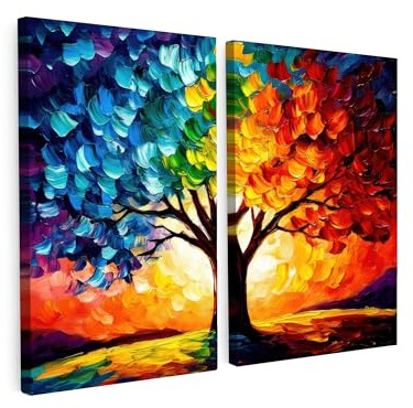 MuchoWow© Leinwand 2 Teilig Deko Schlafzimmer Aesthetic Mehrteilige | 160x120 cm - Wandbilder Gemälde Foto Living Room Decoration Wandbild-set Baum - Farbenfroh - Malerei-Look - Abstrakt