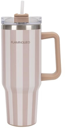 Flamingueo Trinkflasche mit Strohhalm 1,18L - Thermobecher - Kaltgetränke 24h und Heißgetränke 10h - Edelstahl - Tumbler - Beige
