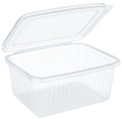 Commerline Tarros de plástico con tapa de 2000 ml, 100 unidades | Caja de plástico transparente de polipropileno desechable con tapa, bandeja de plástico, caja rectangular para comida