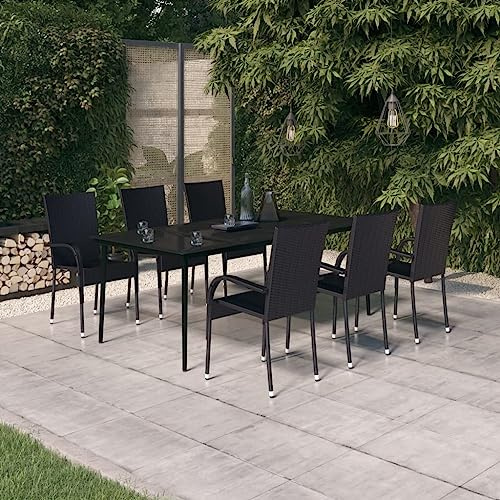 Tonture 7-TLG. Garten-Essgruppe Schwarz, PE-Rattan, pulverbeschichteter Stahl, Glastisch 200x100cm, für Terrasse, Balkon, Essbereich Außen