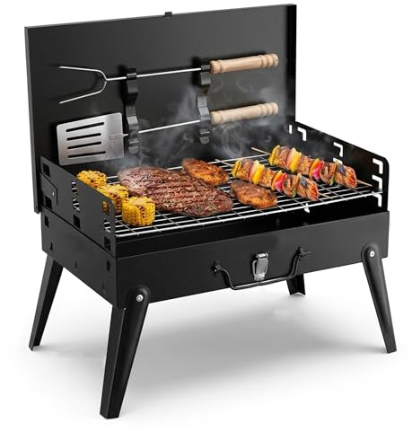 UR CHOCIE Portable Folding Charcoal BBQ Grill | Adjustable Height, Foldable Legs, Carry Handle, Includes Accessories, Compact Design