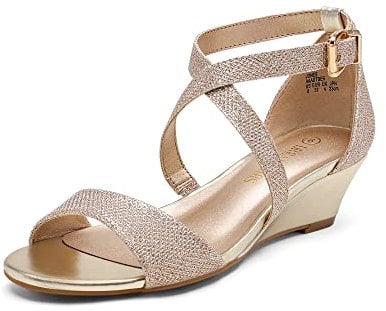 DREAM PAIRS Women's Elastica Ankle Strap Sandals Low Wedge Open Toe Party Sandals,Size 7,Gold,Jones