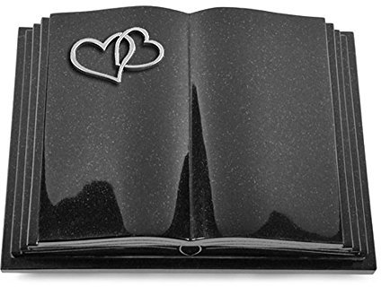 Grabbuch, Grabplatte, Grabstein, Grabkissen, Urnengrabstein, Liegegrabstein Modell Livre Pagina 40 x 30 x 8-9 cm Indisch-Black-Granit, poliert inkl. Gravur (Aluminium-Ornament Herzen)