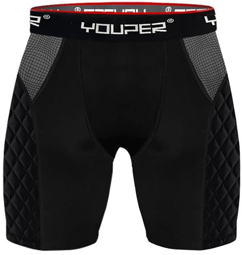 Youper Jungen Elite Kompressions-Shorts - Gepolsterte Slider Shorts mit weichem schützenden Sport-Cup für Baseball, Softball, Fußball, Lacrosse, MMA, Black (No Cup), Youth - Large