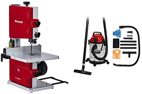 Einhell Scie à ruban TC-SB 200/1 (250 W, Nombre de dents : 6/25.4 mm, Plateau inclinable de -2° à 45°, Butée parallèle, Guidage sur roulement à billes, Poussoir) + aspirateur synchro 20L TC-VC 1820 SA