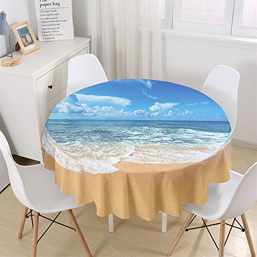 Chickw1 Tischdecke Runde Wasserdicht Abwaschbar Wellenmuster am Meer Bedruckte Tischschoner Fleckschutz, Tischtuch aus Polyester für Küche, Esszimmer, Garten oder Camping (Weiße Wellen,120cm)