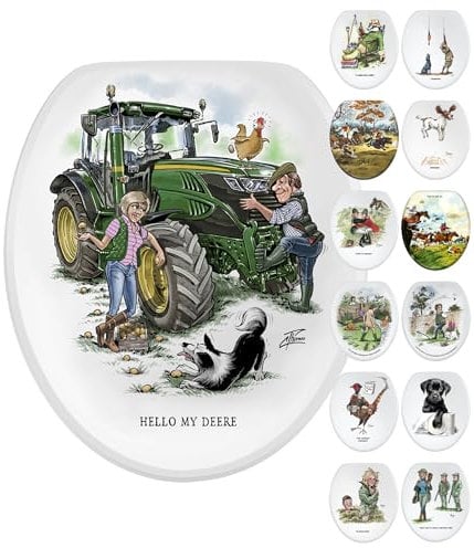 Fun Novelty Toilet Seat Soft Close, Easy Fit, Printed On 3 Surfaces with Tractor Art. Country Lifestyle & Farmhouse Decor, an Ideal Practical & Entertaining New Home Gift Idea for Young Farmers.