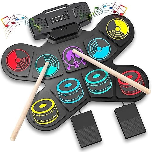 Uverbon Batteria Elettrica Colorata per Bambini Con Ricarica USB, Altoparlanti Integrati, Bluetooth MIDI, Kit Roll Up - Regalo di Natale e Compleanno