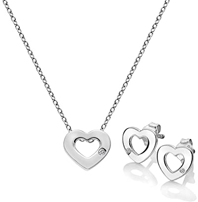 Hot Diamonds Diamond Amulets Heart Pendant And Earrings Silver Set | Sterling Silver Chain and Hand 3 Set Diamonds