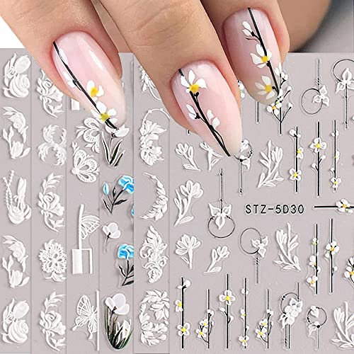 Nagelsticker Selbstklebend, 6 Blatt 5D Nagelsticker Selbstklebend, Blumen Nagelaufkleber, 5D Blumen Nail Art Sticker Weiß Nageldesign für DIY Nagel Dekoration