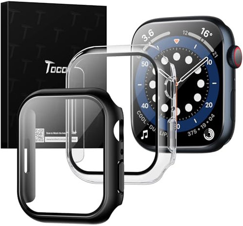 TOCOL 2 Stück Hülle für Apple Watch Series 9 8 7 45mm Case mit Schutzfolie, iWatch Series 9 Series 8 Series 7 45mm Case, HD Bläschenfrei Kratzfestes Case für iWatch 9/8/7 45mm - Schwarz/Transparent