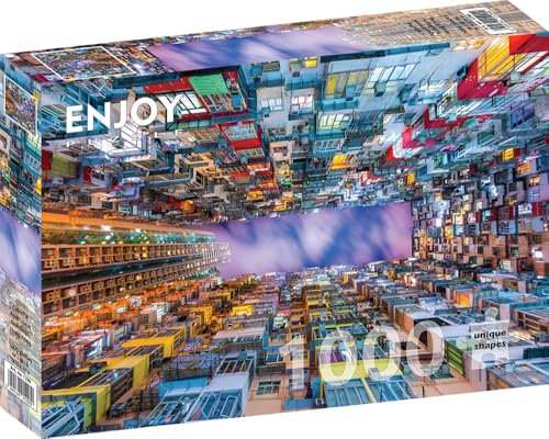 1000 Pieces Jigsaw Puzzle for Adults – Matte Finish, Soft Touch, Sturdy and Unique Pieces, Tight Fit, Vivid Colors, Missing Pieces Service – Hong Kong Skyline with Multicolor Buildings by ENJOY Puzzle