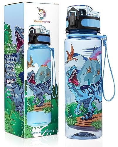 HeavenlyUnicorns Kids Raptor Dinosaur Water Bottle, 500ml BPA Free Tritan Childrens School Work Travel Camping Drinks LEAKPROOF, SHATTERPROOF, Reusable Blue
