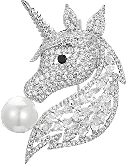 JadeAngel Einhorn-Brosche für Damen, modisch, silberfarbene Zirkonia-Broschen für Damen, Herren, Schmuck, Geschenk mit Kunstperle, Messing, Zirkonia