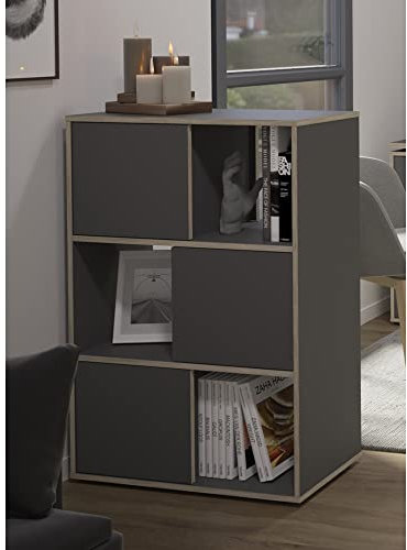 Lomadox Jugendzimmer Büro Raumteiler Aktenregal mit 3 Türen und 3 offenen Fächern in anthrazit matt mit Eiche-Kante, B/H/T ca. 68,5/101/33 cm