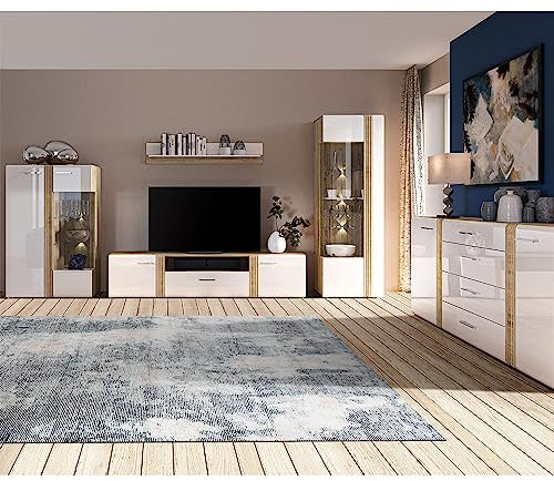 Lomadox Wohnwand Anbauwand Fernsehwand TV Wand in Eiche Nb. modern mit Fronten in Hochglanz weiß 5-teilig, Highboard, TV-Lowboard, Wandregal, Vitrinenschrank und Sideboard, inkl. LED Beleuchtung