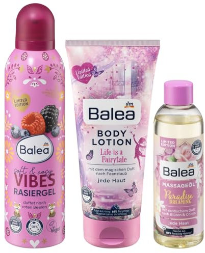 Balea 3er-Set Hautpflege: Rasiergel SOFT & COSY VIBES mit Duft nach roten Beeren (200 ml) + Bodylotion LIFE IS A FAIRYTALE (200 ml) + Massageöl PARADISE DREAMING mit exotischem Duft (100 ml), 500 ml