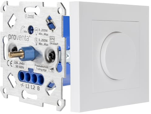 Proventa Dimmer LED 230 V – Trailing Edge dimmer 250 W, dimmer girevole per lampade LED e alogene, a incasso, IP20, sistema a 2 fili, bianco lucido, compatibile con programmi di commutazione di marca