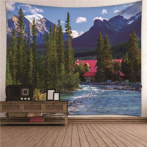 CEVAN Wandteppich Für Küche Wanddekoration Außen Alpine Bäume Häuser Wandteppich Funny Wanddecke Vintage Kunst Dekorationen Decke Wandbehang Stoff Grün 300x250cm