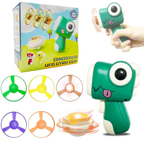 Steemjoey Juguetes Niños, Flying Disc Shooter Toy, Pistola Platillo Volador Dinosaurio Platillo Volador LED Giróscopo LED 4 Platillos Voladores, Juegos Aire Libre para Niños Regalos Cumpleaños