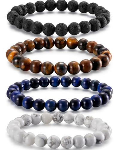 QQUQQU 3-4 Stücke Perlenarmband Herren, 8mm Stretch-Armbänder Tigerauge Armband Herren, Verstellbares Schwarzes Lavastein Armband Set Geburtstagsgeschenk für Männer