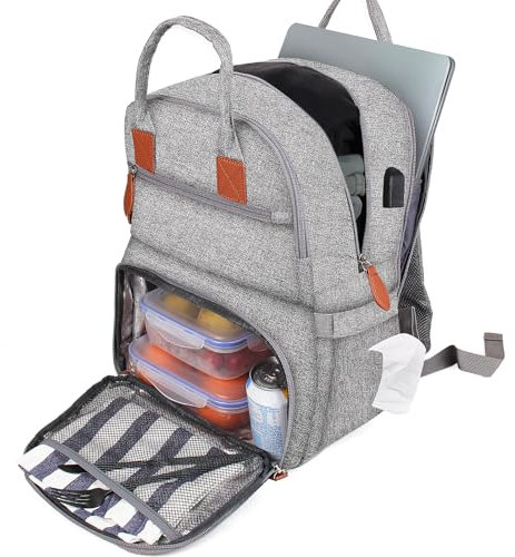 Sac à Dos pour Ordinateur Portable 15,6 Pouces, Grand Sac Isotherme Déjeuner homme, Sac à Repas Bandoulière Imperméable pour voyage et Travail, Gris