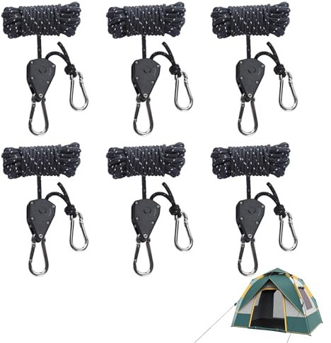 BOSYTRO 6 Stück 4mm Reflektierend Abspannseile Seil, 4M Leichte Abspannleine Zeltschnur mit Spanner Einsteller, Einstellbare Seil Ratsche Rope für im Freien Zelt Zeltplane Camping (Schwarz)