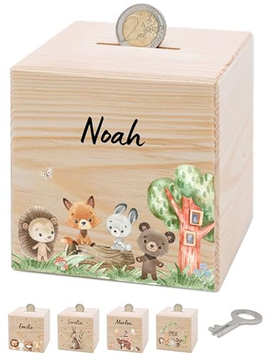 Bärenfreunde® - Personalisierte Spardose Kinder aus Holz mit Metallschloss - Spardose mit Namen mit kinderfreundlichem UV-Druck zum Sparen für Kinderträume (Waldtiere Baumstamm)