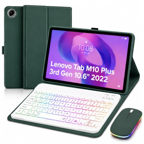 HLTOOP Custodia con Tastiera per Lenovo Tab M10 Plus 3rd Gen 10.6 2022 (TB125FU /TB128FU /TB128XU), Tastiera Retroilluminata A 7 Colori Con Mouse, Cover Posteriore in Morbido TPU,Deep green1