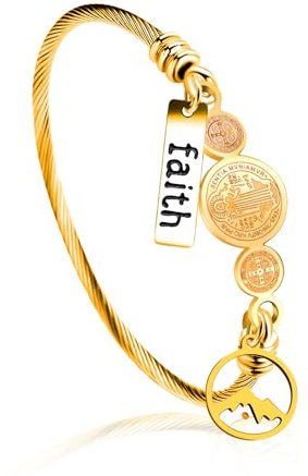 Tobestu Gold Plated Stainless Steel Faith Round Mountain Mustard Seed CSPB Cross Bracelets for Christianity - Twisted Rope Medal Bangle Bracelet for Women Girls Y4231