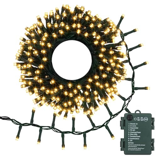 DBFAIRY Cluster Weihnachtsbeleuchtung Außen, 3M 200 LED Baum Lichterkette Batteriebetrieben mit Auto Timer 8 Modi Wasserdicht Feuerwerkskörper Lichterkette für Garten Party Baum Dekor (Warmweiß)
