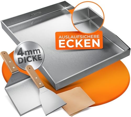 flammtal - Grillplatte aus 4mm rostfreiem Edelstahl [40 x 30cm] - Plancha mit Grillspachtel Set & Burgerpapier - passend für Gas- & Kohlegrill - auslaufsichere Ecken für sauberes Grillen