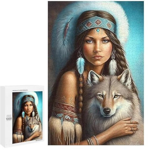1000 Pieces Jigsaw Puzzle for Adults - Indian Beauty & Wolf Native American Motivational Quotes Puzzles for Family Games, Puzzle for Gifts