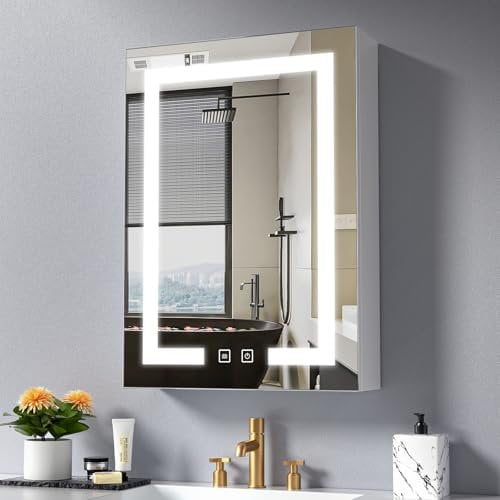 LORDISE Bathroom Mirror Cabinets - Wall Mounted Bathroom Cabinets with Led Lights - Illuminated Mirror Cabinet Storage with Anti Fog 3 Colors Dimmable Memory Function Touch Sensor (500 * 700mm)