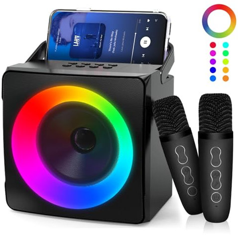 Karaoke Machine with 2 Wireless Microphones, Portable Karaoke Machine for Adults & Kids with Dynamic LED Lights, Bluetooth Karaoke Speaker for Party, Gift, Home, Outdoor/Indoor