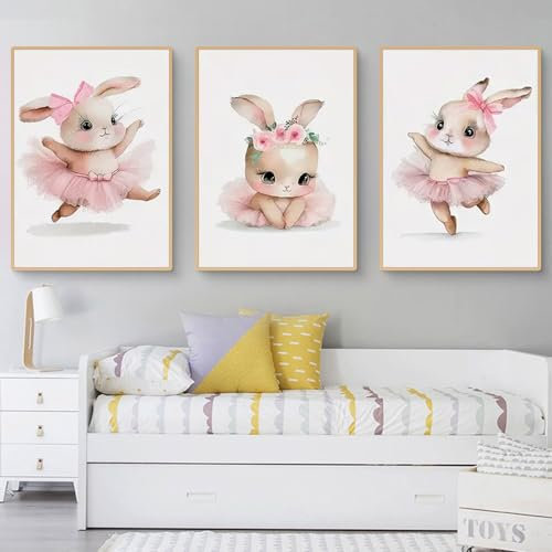 Uixxducc 3er Ostern Poster, Rosa Niedliches tanzendes Hase Bilder Poster Kunstdrucke Wandbilder Kinderzimmer Deko für Mädchen und Jungen, Geschenk ohne Rahmen (30x40cm)
