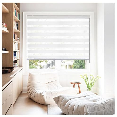 Rehan & Co White Day and Night Zebra Roller Blinds for Windows Light Filtering Dual Layer Fabric Window Blinds Drill/No Drill Easy Fit Blind for Door (243cm W x 165cm L)