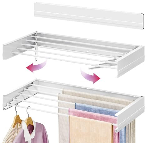 SYKIARIOL Wall Mounted Clothes Rack, Retractable Clothes Drying Rack for Indoor Outdoor Space Saving Laundry Drying Rack with 5 rods, Foldable Clothes Airer, Clothes Dryer For Towels, 80cm, White