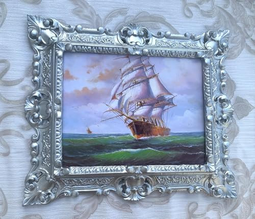 Pintici Wandbild Schiff auf hoher See Gerahmte Gemälde Segelschiff Kunstdruckbild Klassisches Klipper Schiff Seelandschaft Maritime Wanddeko Segelschiff auf stürmischer See Landschaftsbild (Silber)
