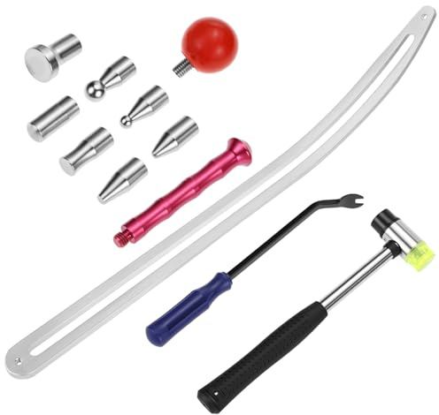 QWORK Car Dent Removal Tool Kit, Stainless Steel Auto Fender Repair Puller, Crowbar Tools Hook Rods, Lifter Big Curved Rod, with Curved Rods, Rubber Mallet, and Hooks