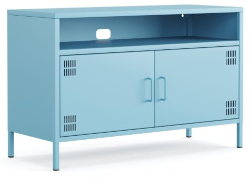 furni24 Metall TV-Schrank – Retro TV Lowboard – Möbel mit Türen und verstellbaren Ablagen – Leicht zu reinigen – Robuste und stilvolle Aufbewahrungslösung für das Wohnzimmer- mit 4 Regalen, Blau