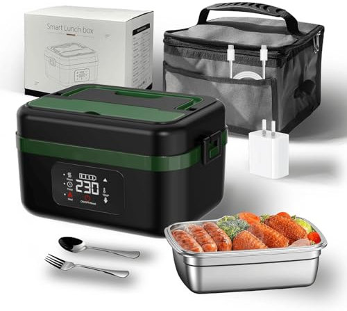 LANMOU Fiambrera eléctrica con batería, 60 W, térmica, para comida caliente, 1 L, acero inoxidable, autocalentamiento (90 °C) con batería de 16.000 mAh, recargable por USB, temporizador, para oficina