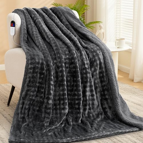 CURECURE Heizdecke Elektrisch 150x200cm mit 3D-Blasen, Grau | Flanell und Sherpa Doppelseitig, 6 Heizstufen, 1-10H Timer, Maschinenwaschbar, Geschenkidee