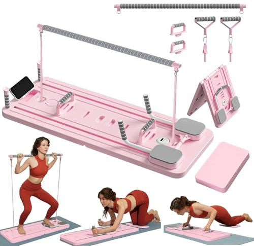 ExeractFit Pilates Board Set mit PilatesBar und Widerstandsband für Zuhause Fitnessstudio, Faltbarer Pilate Reformer Maschine Mehrzweck Bauchtrainer Full Body Workout Equipment(Rosa)