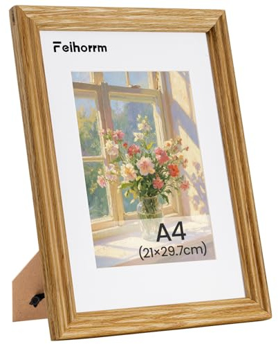 Feihorrm Vintage Bilderrahmen, A4 Eiche Massivholz Fotorahmen, Mit gehärtetem Glas, Für 21x29,7 cm-Fotos ohne Passepartout oder 13,9x20 cm-Fotos mit Passepartout (Beige, A4 (21x29,7 cm))