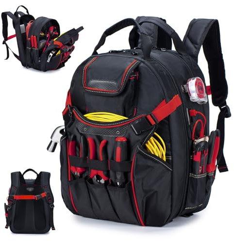 BAGZY Electricians Tool Bag for Men Tool Bags Heavy Duty with Laptop Compartment for 17 inch Waterproof Tools Bag Backpack With USB Port for Industrial Construction Work Storage Organization Red