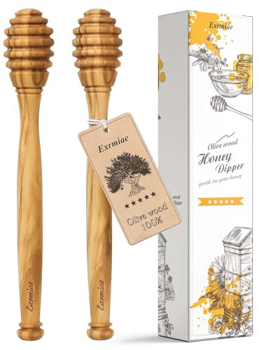 Olive Wood Honey Dipper/Stick Durable & Warp-Resistant, Preserves Honey Purity, 2pcs, 6.3 Inch
